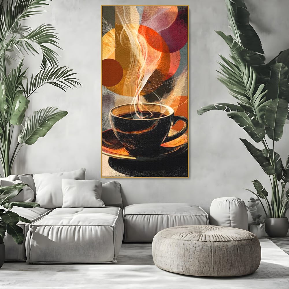 Tablou canvas cu tablou canvas cu ceasca de cafea, in rama de aluminiu auriu, pe perete intr-un living